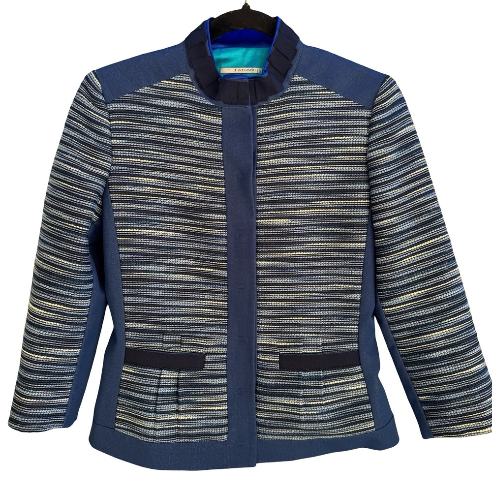 T Tahari Woven Textured Structured Tailored Blazer Mandarin Collar Jacket Blue 2